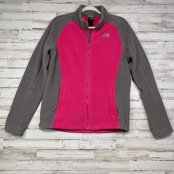 North Face Full Zip Pink Gray Fleece Jacket Logo Pocket Mock Collar Size Large - Picture 1 of 9
